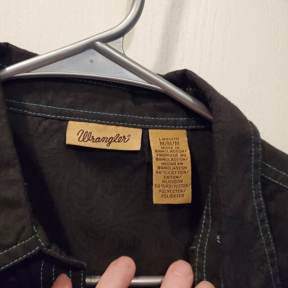 Wrangler Black Western Snap Shirt | Teal Contrast Stitching Paisley Sheer M - Picture 4 of 5